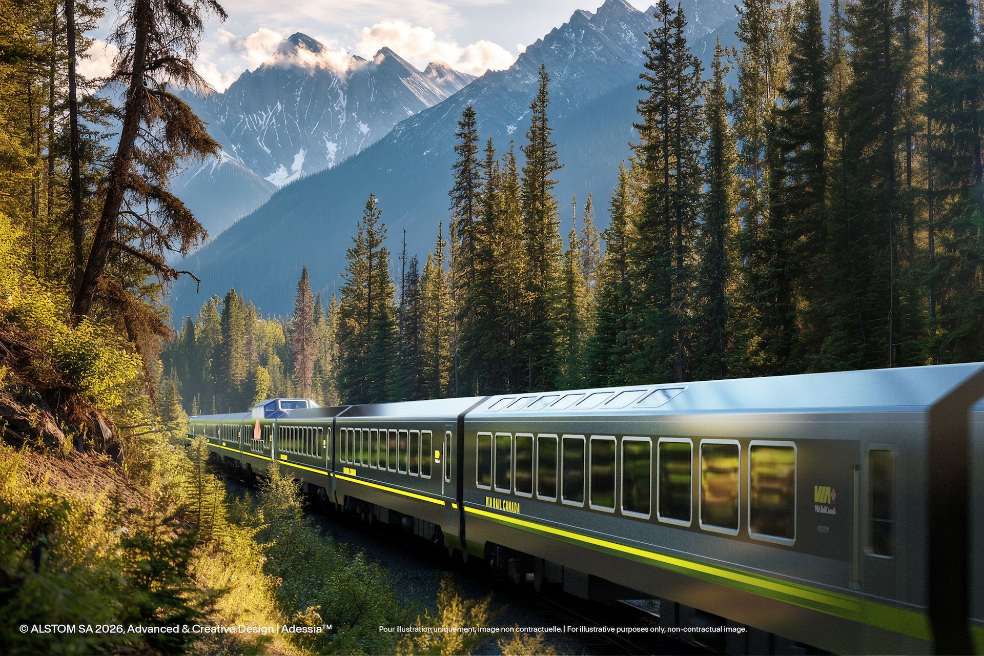 Vizualizace nových dálkových vozů Alstom Adessia pro VIA Rail Canada v kanadské horské krajině