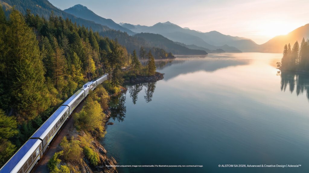 Vizualizace dálkového vlaku VIA Rail Canada s vozy Alstom Adessia podél jezera v kanadské horské krajině