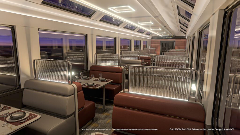 Vizualizace interiéru jídelního vozu Alstom Adessia pro VIA Rail Canada s panoramatickými okny a stolovým uspořádáním