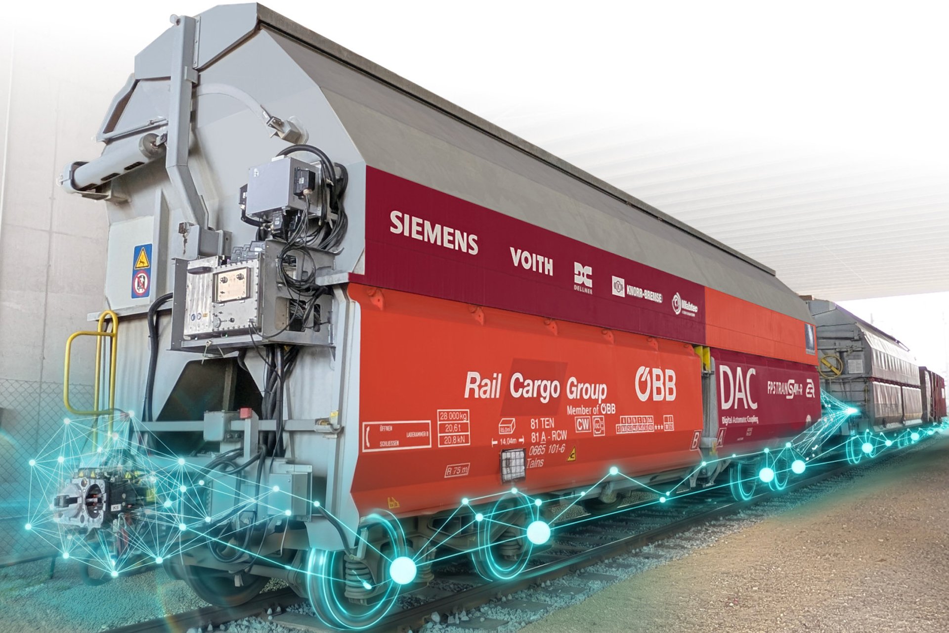 Nákladní vlak ÖBB Rail Cargo Group vybavený digitálními automatickými spřáhly Knorr-Bremse DAC během pilotního projektu