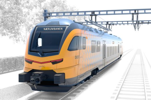 Vizualizace bateriové jednotky Stadler RS ZERO v oranžovo-šedém provedení dopravce Lokaltog na trati Nærumbanen v Dánsku