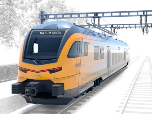 Vizualizace bateriové jednotky Stadler RS ZERO v oranžovo-šedém provedení dopravce Lokaltog na trati Nærumbanen v Dánsku