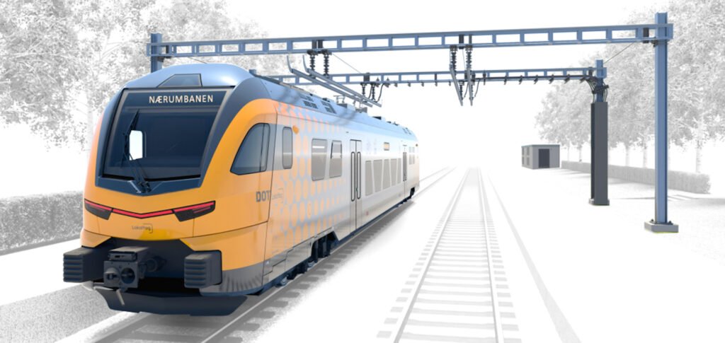Vizualizace bateriové jednotky Stadler RS ZERO v oranžovo-šedém provedení dopravce Lokaltog na trati Nærumbanen v Dánsku