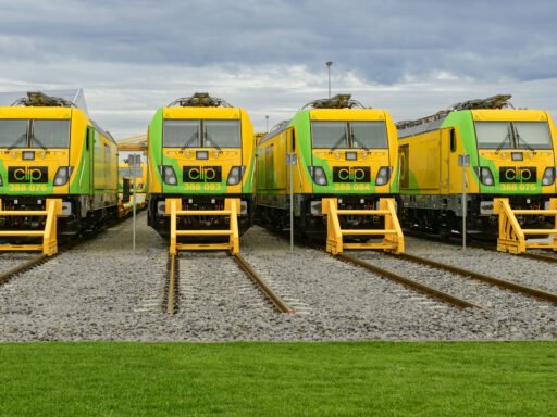 Čtyři zelenožluté elektrické lokomotivy Alstom Traxx Universal polského dopravce CLIP Intermodal stojící vedle sebe na kolejích
