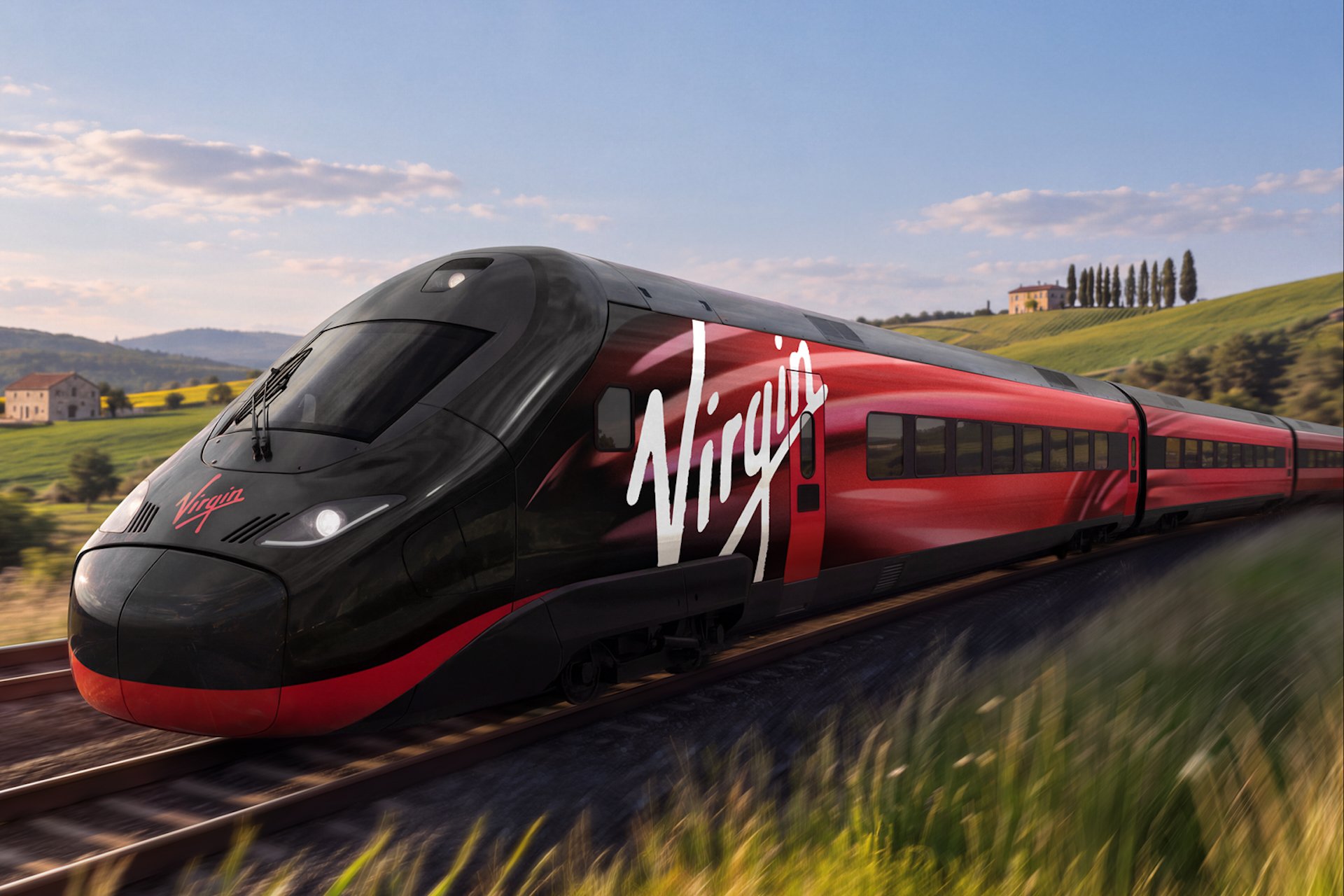 Vizualizace červenočerné vysokorychlostní soupravy Alstom Avelia Stream společnosti Virgin na železniční trati, určené pro plánované spojení Londýna s evropskými metropolemi