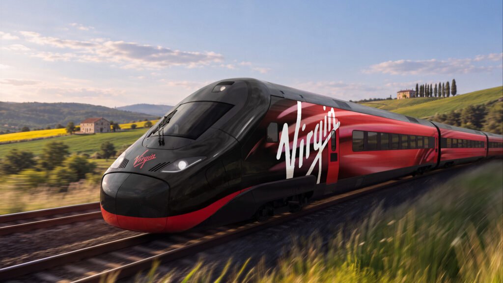 Vizualizace červenočerné vysokorychlostní soupravy Alstom Avelia Stream společnosti Virgin na železniční trati, určené pro plánované spojení Londýna s evropskými metropolemi