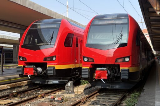 Dvě červené elektrické jednotky Stadler FLIRT pro italský region Valle d’Aosta stojící vedle sebe na nádraží Torino Porta Nuova