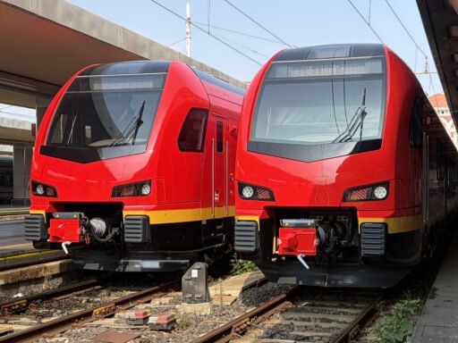 Dvě červené elektrické jednotky Stadler FLIRT pro italský region Valle d’Aosta stojící vedle sebe na nádraží Torino Porta Nuova